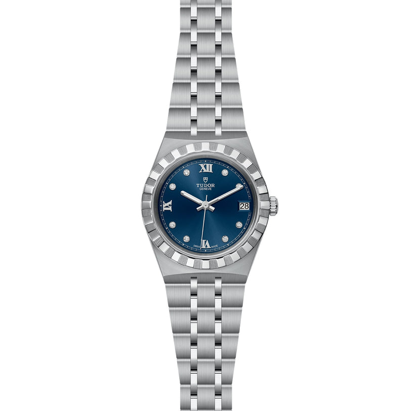 The TUDOR Royal is a silver automatic sport-chic wristwatch featuring a blue dial, Roman numerals, diamond hour markers, date window at 3 o’clock, and stainless steel bracelet—an elegant choice.