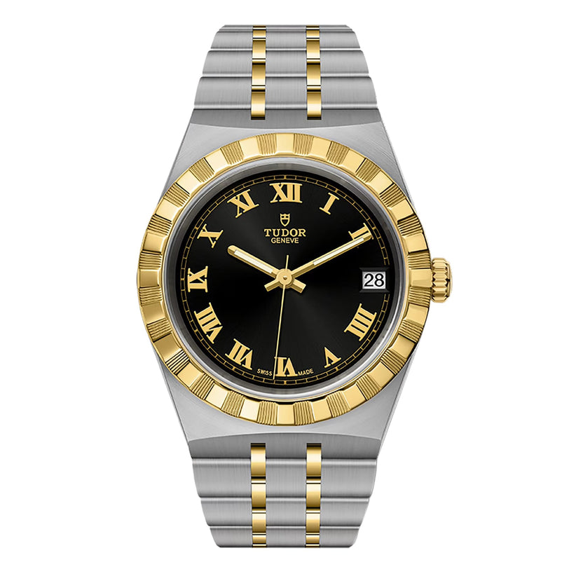 The TUDOR Royal watch boasts a two-tone silver and gold bracelet, black dial with Roman numerals, gold bezel, and a date window at 3 o’clock.