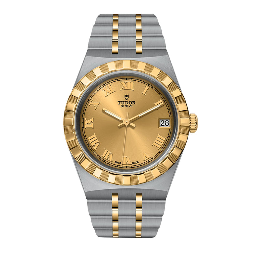 The TUDOR Royal wristwatch features a gold face with Roman numerals and a two-tone silver and gold metal band.
