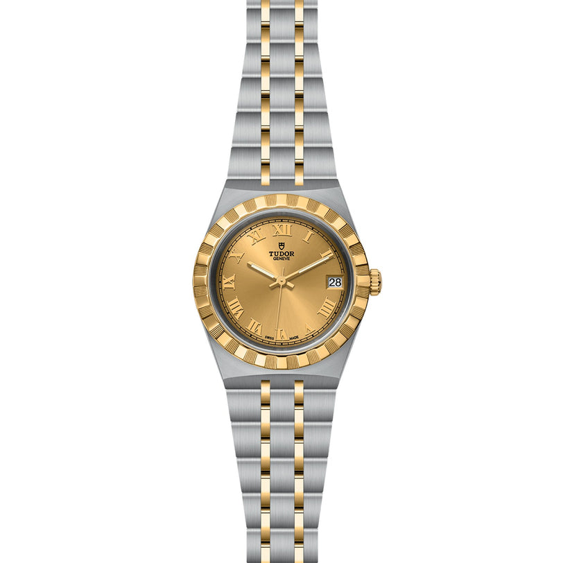 The TUDOR Royal is a two-tone wristwatch featuring a gold dial with gold Roman numerals, a date window at 3 o’clock, and a stainless steel and gold bracelet—an elegant automatic sport-chic timepiece.