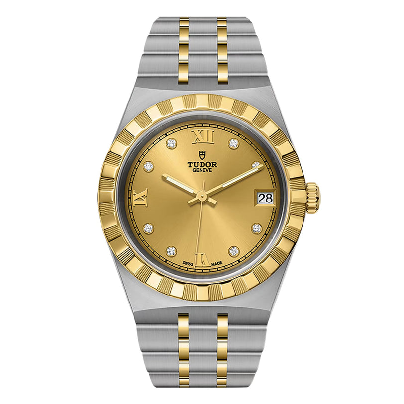 The TUDOR Royal is a two-tone wristwatch with a gold dial, Roman numerals, diamond hour markers, date at 3 o’clock, and a silver and gold bracelet—one of the UK’s favourite automatic sportchic models.
