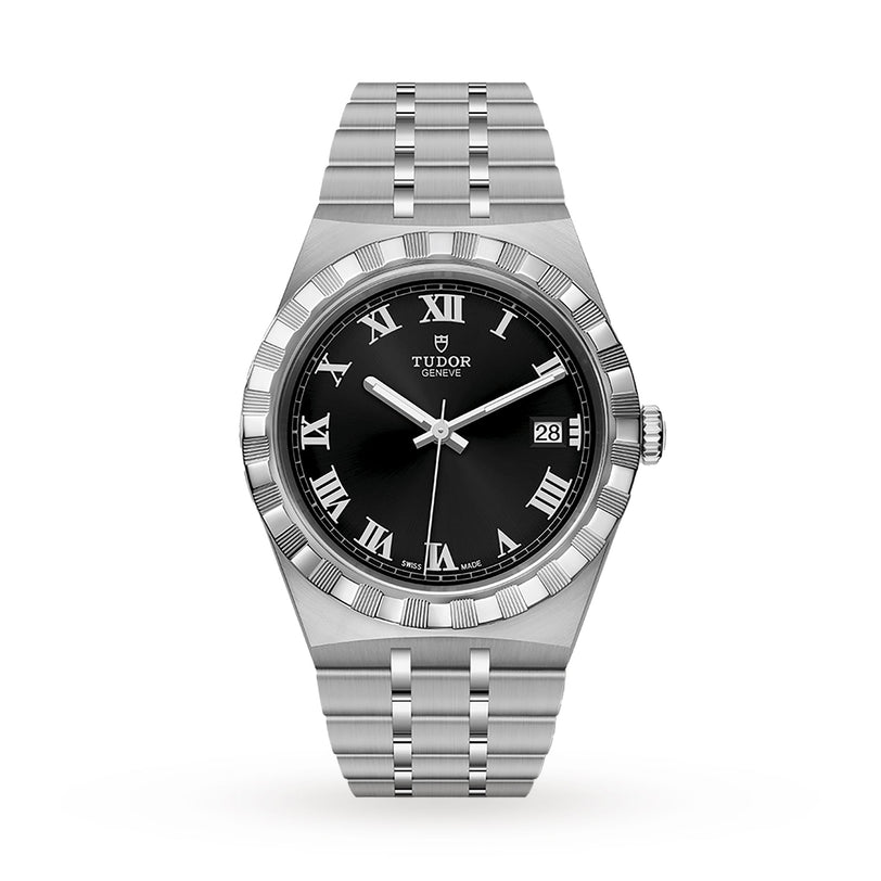 The TUDOR Royal wristwatch features a stainless steel case, black dial with silver Roman numerals, date at 3 oclock, automatic movement, and link bracelet, offering sport chic style against a white background.