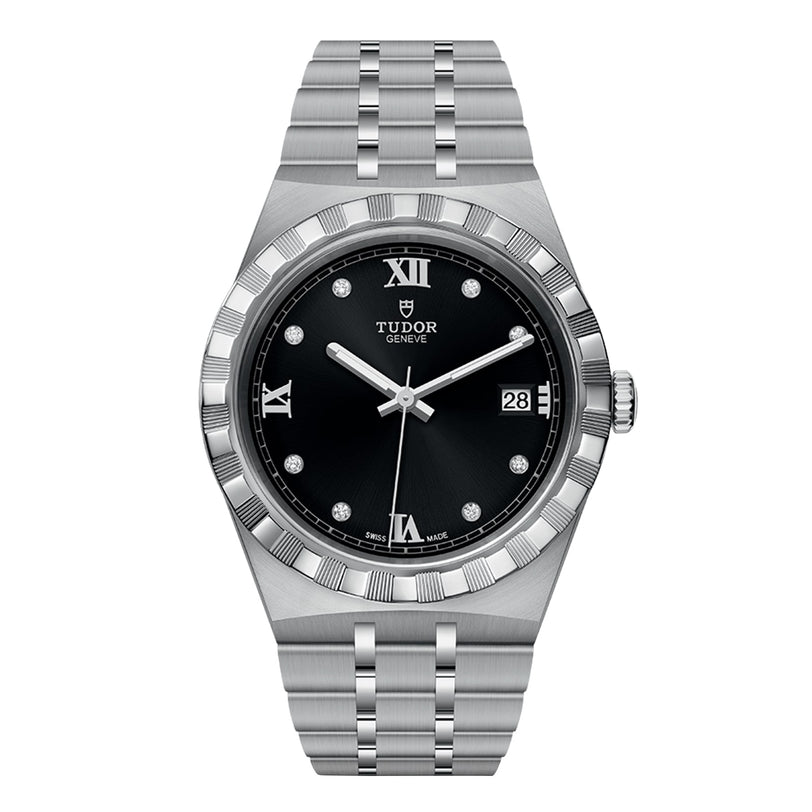 The TUDOR Royal wristwatch features a black dial with Roman numerals, diamond hour markers, a date at 3 oclock, and a stainless steel and gold link bracelet for a sport-chic look.