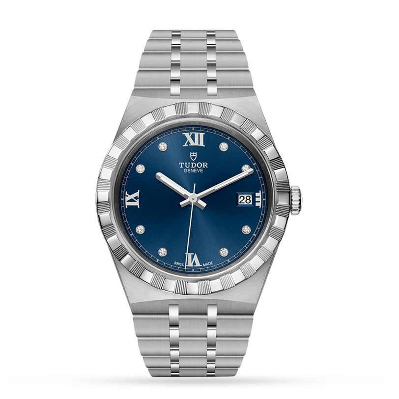 The TUDOR Royal is a stainless steel wristwatch featuring a blue dial with Roman numerals, diamond hour markers, date at 3 o’clock, and an integrated silver bracelet—an elegant example of automatic sport-chic style.