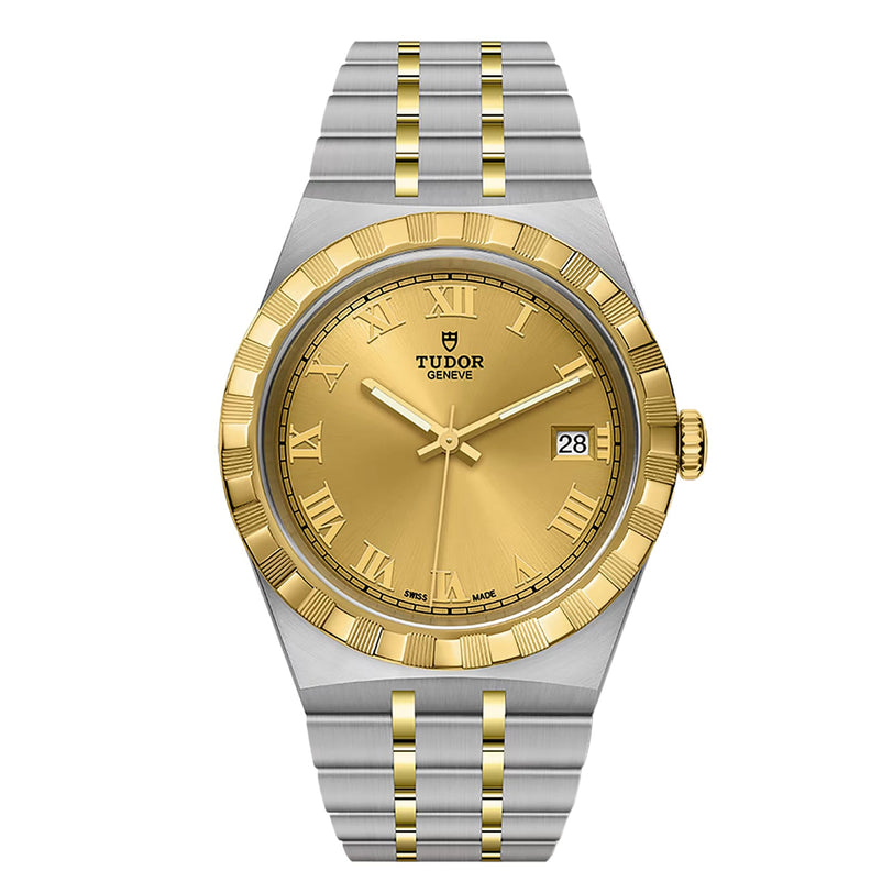 The TUDOR Royal features a gold dial, gold Roman numeral markers, date display, and a two-tone silver and gold metal bracelet.