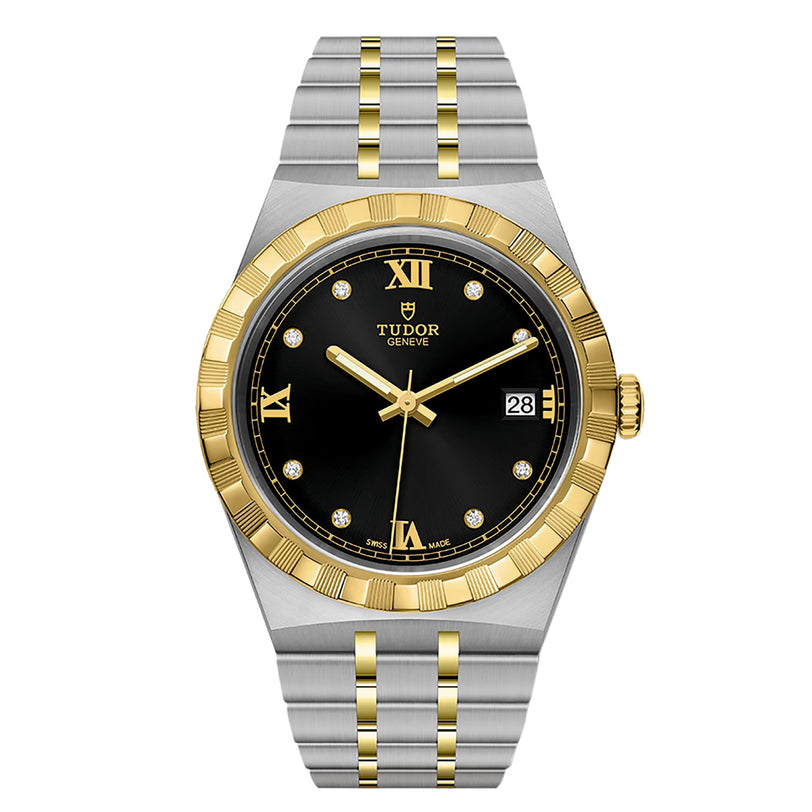 The TUDOR Royal is a two-tone wristwatch with a black dial, gold Roman numerals, diamond hour markers, and a date window at 3 o’clock, featuring a stainless steel and gold bracelet—a striking example of sportchic style.
