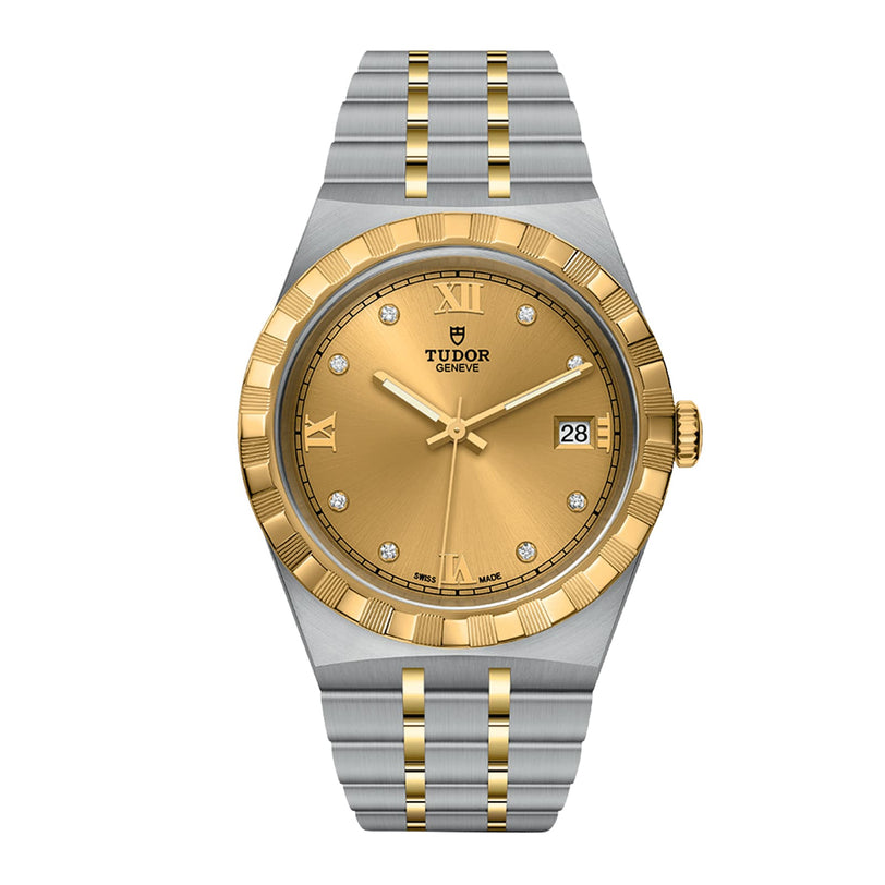The TUDOR Royal wristwatch features a gold dial with gold Roman numerals and markers, date display, and a two-tone stainless steel and gold bracelet for an automatic sport-chic style.