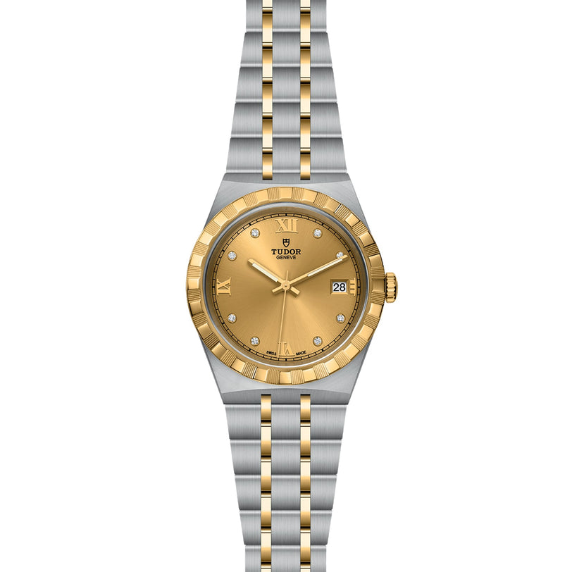 The TUDOR Royal blends sport-chic style and elegance with its two-tone design, gold dial, diamond hour markers, date at 3 o’clock, and a stainless steel & gold bracelet.