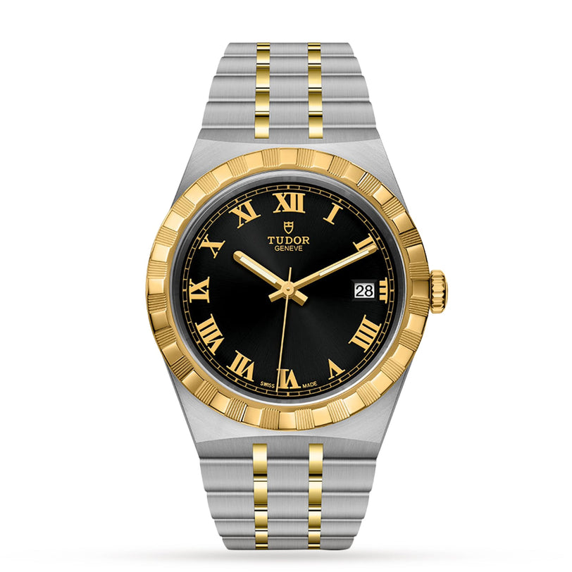 The TUDOR Royal features a black dial, gold Roman numerals, gold bezel, and an integrated two-tone silver and gold bracelet. With a date display at 3 o’clock, this automatic watch offers timeless sport-chic elegance.