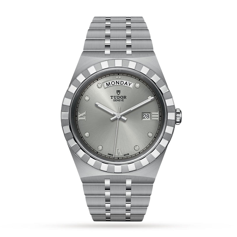 The TUDOR Royal is a silver automatic wristwatch with a stainless steel bracelet, sunburst gray dial, diamond hour markers, day display at 12 o’clock, and date window at 3 o’clock.