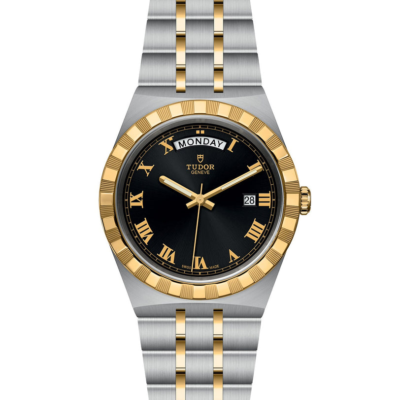 The TUDOR Royal features a black dial with Roman numerals, day and date displays, and a two-tone stainless steel and gold bracelet for a refined automatic sport-chic style.