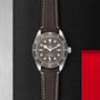 A TUDOR Black Bay 58 925 with a brown leather strap and brown dial is set against a textured black and metallic background with a red accent, highlighting its classic 39 mm case.