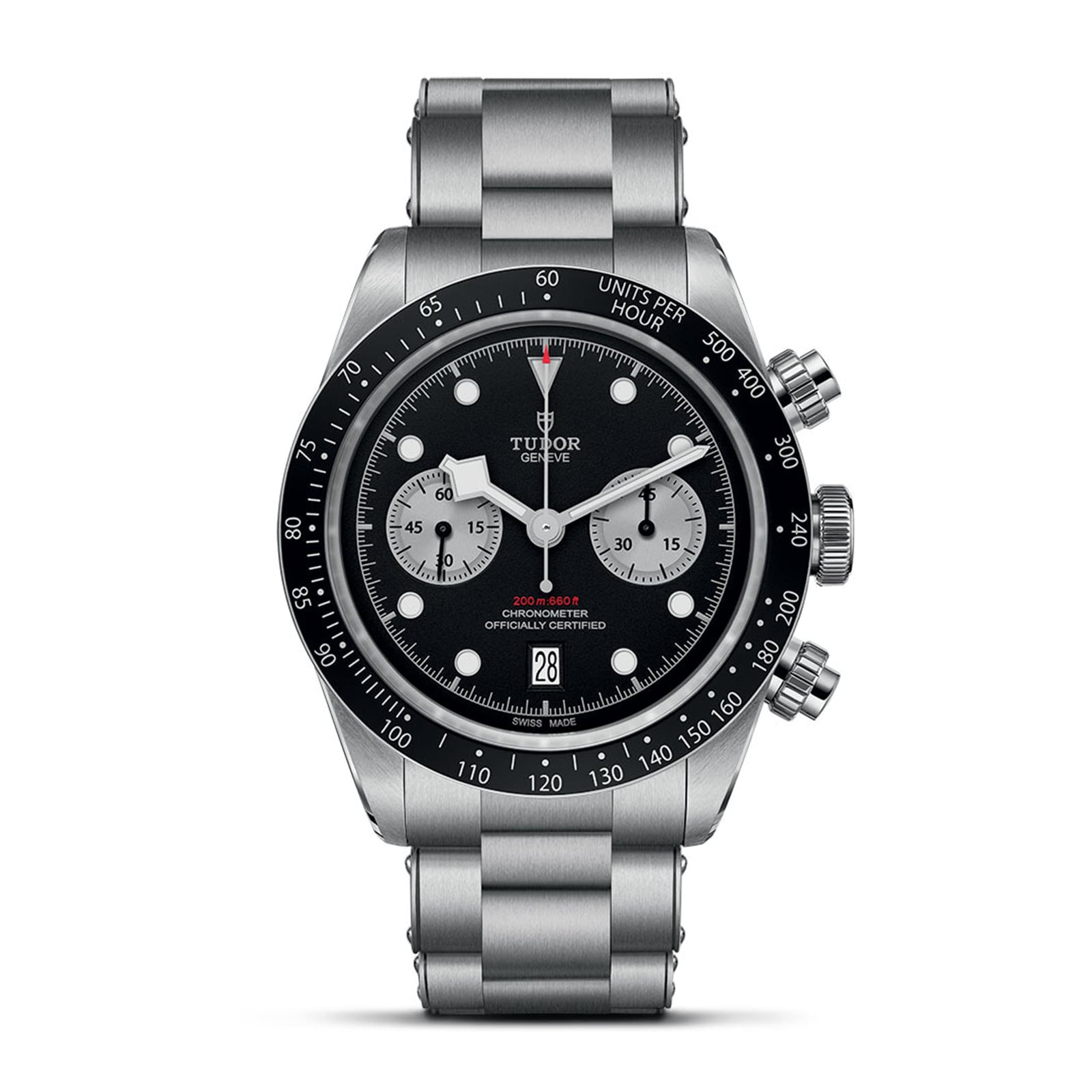 A TUDOR Black Bay Chrono stainless steel wristwatch with a black dial, three sub-dials, tachymetric bezel, and metal bracelet is photographed against a white background.