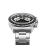 The TUDOR Black Bay Chrono is a stainless steel wristwatch featuring a tachymetric black bezel, black dial, three white subdials, and a metal bracelet, displayed at an angle against a white background.