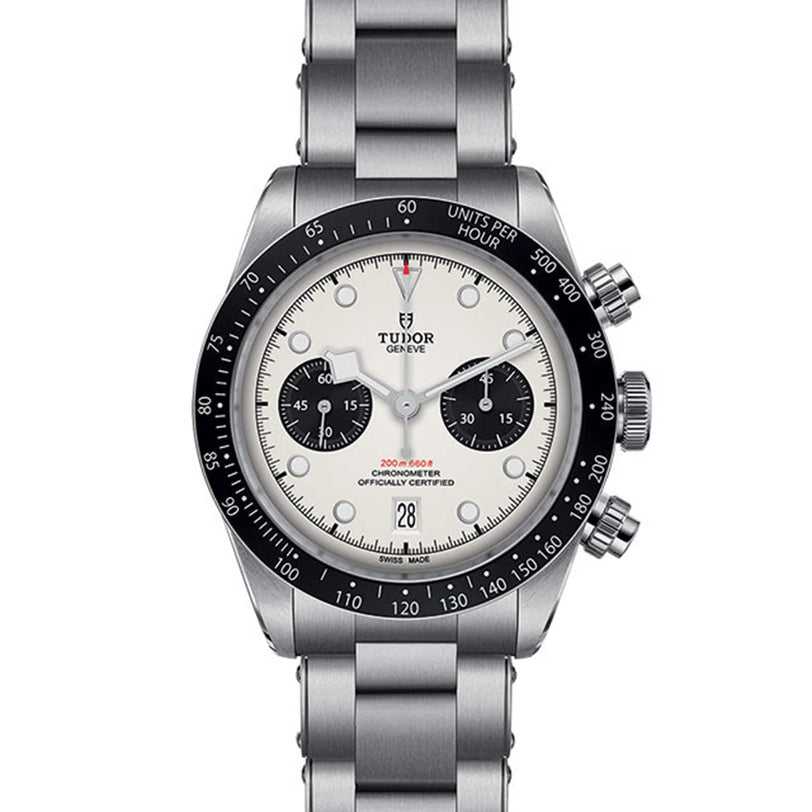 The TUDOR Black Bay Chrono features a white dial with black subdials, a black bezel, stainless steel bracelet, and three side pushers—an impressive chronograph inspired by iconic divers’ watches.