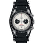 The TUDOR Black Bay Chrono wristwatch features a white dial with black subdials and comes with a black leather strap.