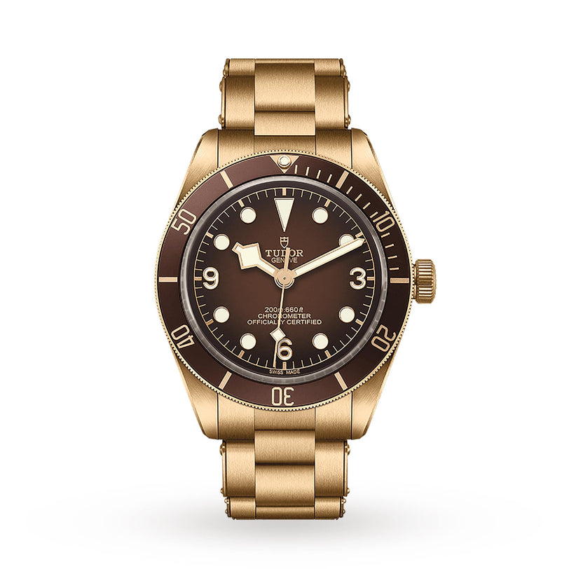 The TUDOR Black Bay 58 Bronze is a gold wristwatch with a brown dial and bezel, luminous hour markers, three hands, and a metal bracelet that showcases the quality of TUDOR Swiss-made watches.