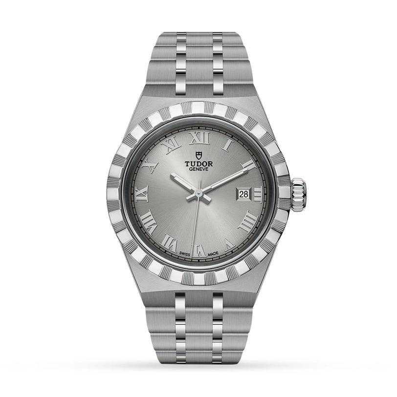 The TUDOR Royal is a stainless steel wristwatch with a silver dial, Roman numeral hour markers, date at 3 o’clock, and a metal bracelet—combining elegance and sport style for your collection.