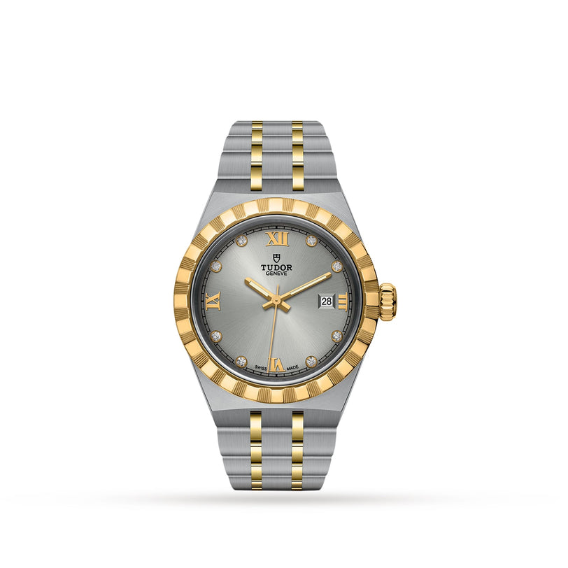 The TUDOR Royal wristwatch features a silver and gold design with a fluted bezel, diamond hour markers, and a date display at 3 o’clock.