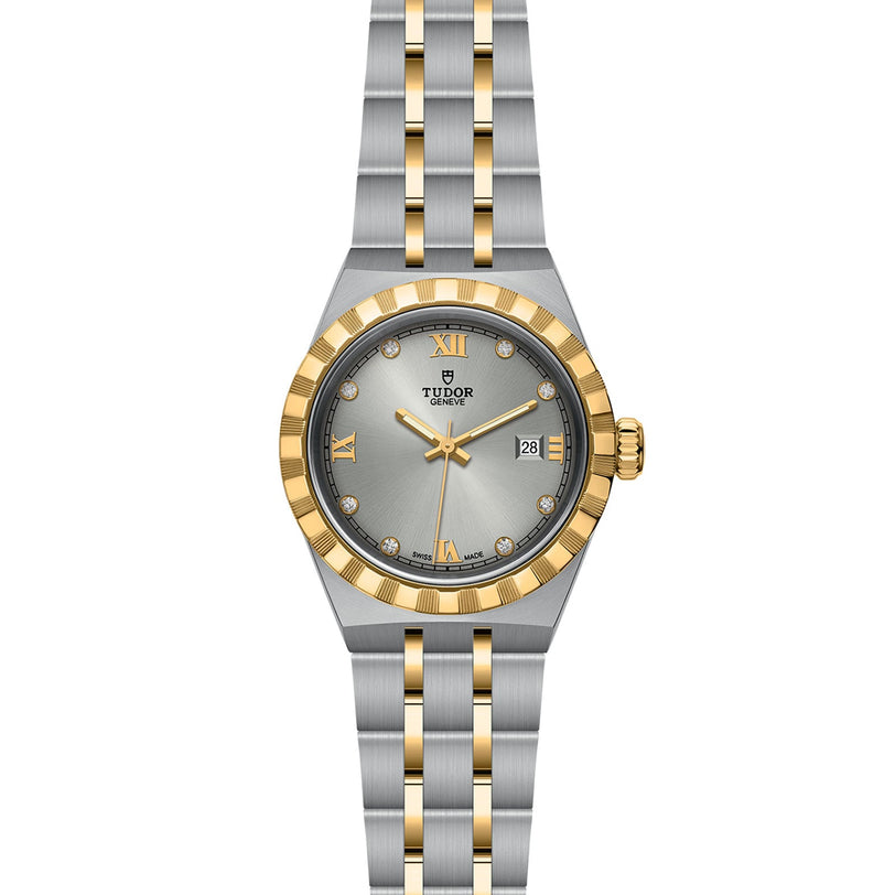 The TUDOR Royal wristwatch features a silver dial, gold bezel, Roman numeral markers, and a date window.