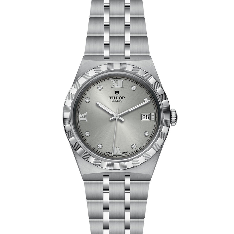 The TUDOR Royal is a stainless steel wristwatch with a silver dial, Roman numerals, diamond hour markers, an integrated bracelet, and a date display at 3 oclock.