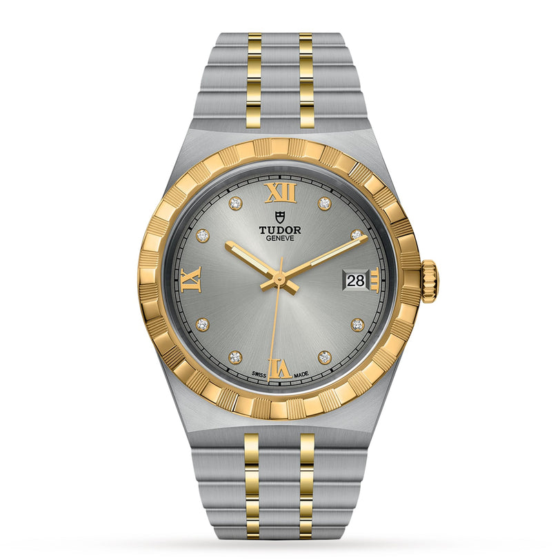 The TUDOR Royal is a two-tone automatic watch with an integrated bracelet, gold bezel, silver dial accented by Roman numerals and diamond hour markers, plus date display—a sport-chic timepiece combining luxury and versatility.