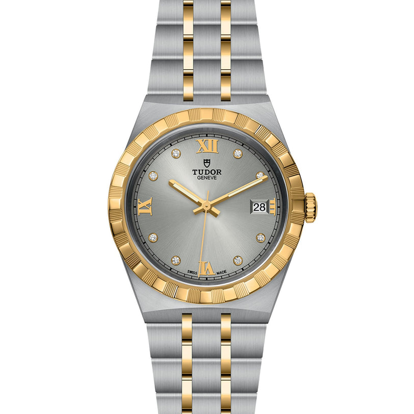 The TUDOR Royal features an integrated bracelet, gold bezel, silver dial with gold Roman numerals, diamond hour markers, and a date window at 3 o’clock.