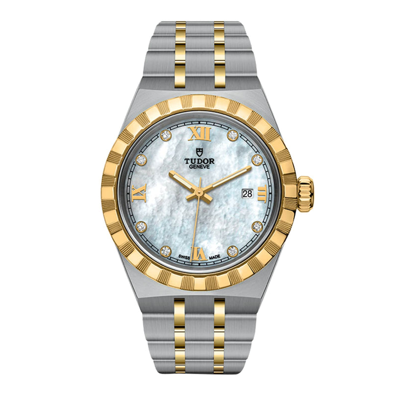 The TUDOR Royal features a two-tone silver and gold integrated bracelet, a white mother-of-pearl dial with gold Roman numerals, diamond hour markers, and a date window at 3 oclock—offering timeless elegance and technical excellence.
