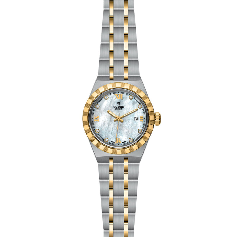 The TUDOR Royal features a two-tone integrated bracelet, fluted bezel, mother-of-pearl dial with diamond hour markers, date window, and gold accents on the hands and indices for a refined sport-chic style.