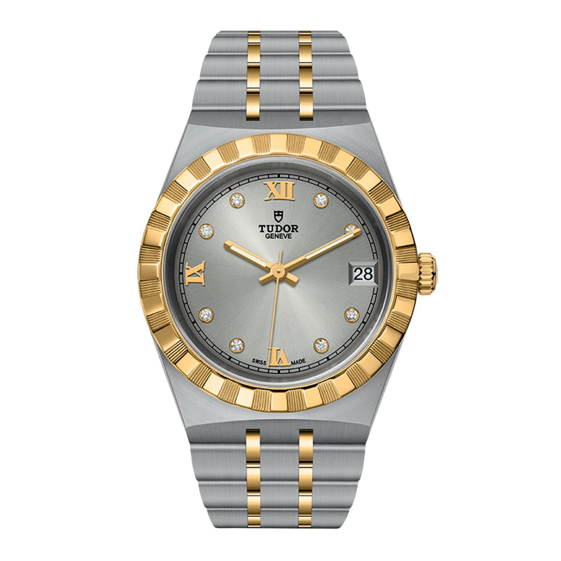 The TUDOR Royal is a two-tone stainless steel and gold wristwatch with a gold bezel, silver dial, diamond hour markers, Roman numerals, and a date at 3 o’clock—an automatic sport-chic watch for any occasion.