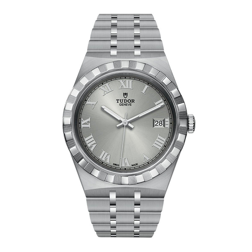 The TUDOR Royal is a stainless steel and gold wristwatch with a silver dial, Roman numerals, date window at 3 o’clock, and a sleek metal bracelet—an automatic sport-chic watch perfect for any occasion.