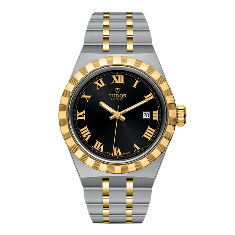The TUDOR Royal features a black dial, gold Roman numerals, gold bezel, date display, and a two-tone stainless steel and gold bracelet.