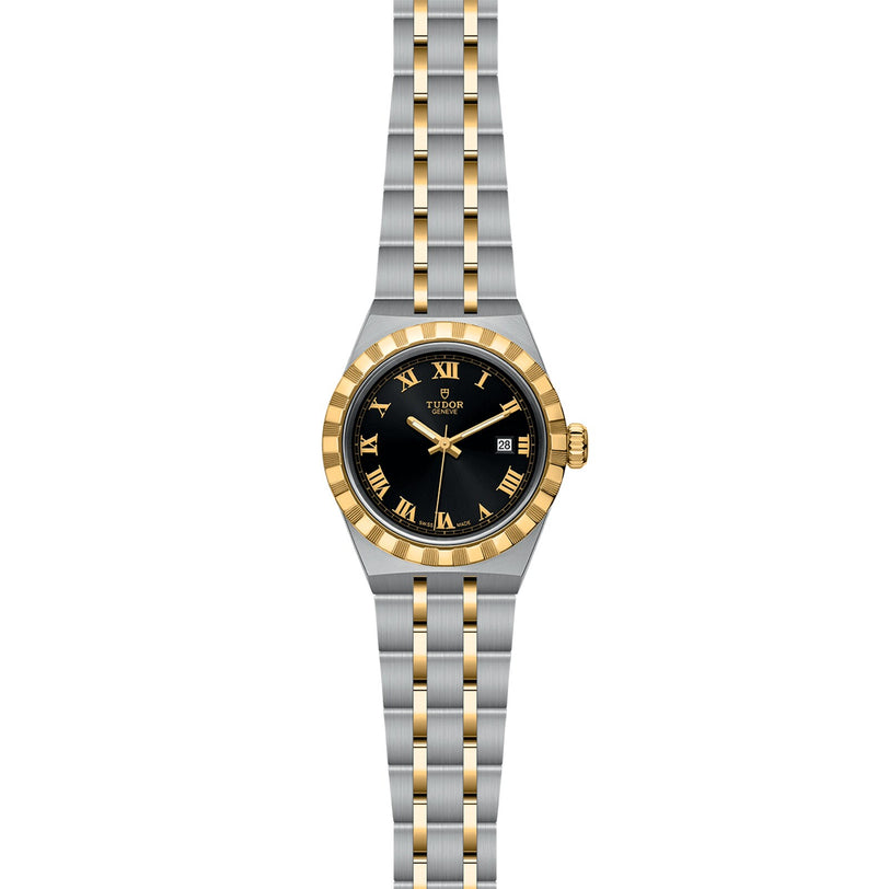 The TUDOR Royal features a black dial, gold Roman numerals, a stainless steel and gold two-tone bracelet, and a date display at 3 o’clock—an elegant automatic watch from TUDOR’s sport-chic collection.