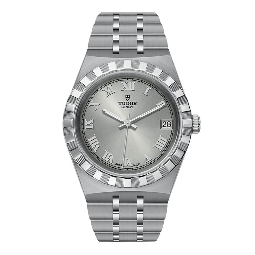 The TUDOR Royal is a silver wristwatch with a stainless steel band, Roman numeral hour markers, a date window at 3 oclock, and a fluted bezel—a refined automatic sport-chic watch.