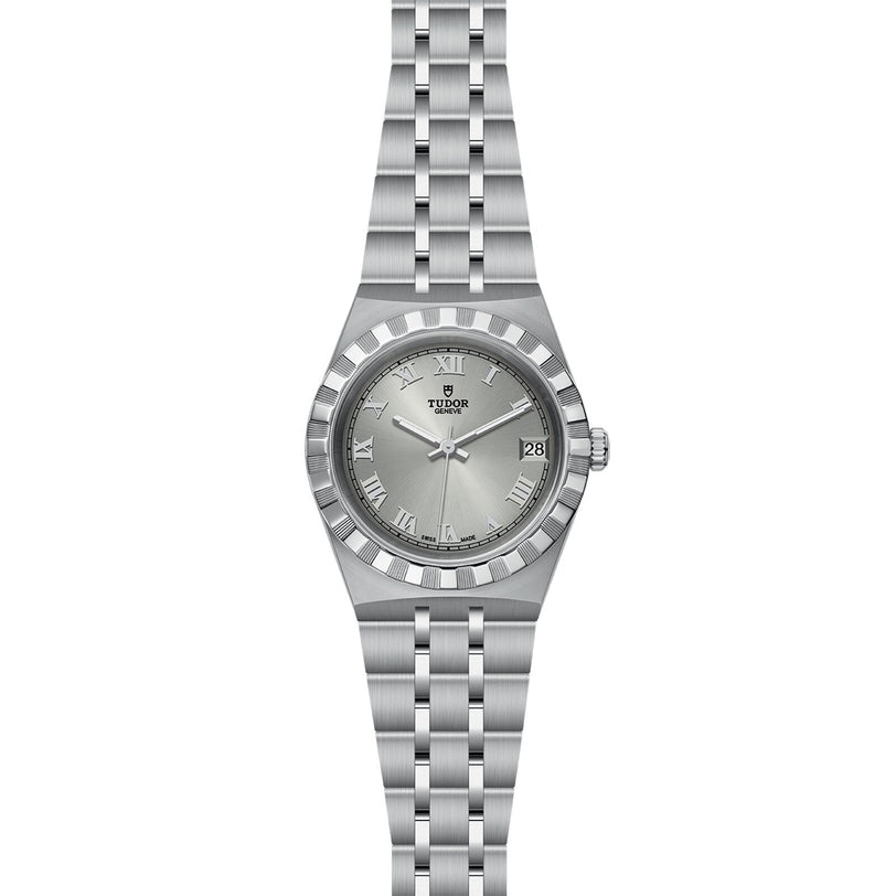 The TUDOR Royal is an automatic sport-chic watch featuring a stainless steel bracelet, fluted bezel, silver dial with Roman numerals, and a date window at 3 o’clock—a blend of elegance and functionality.
