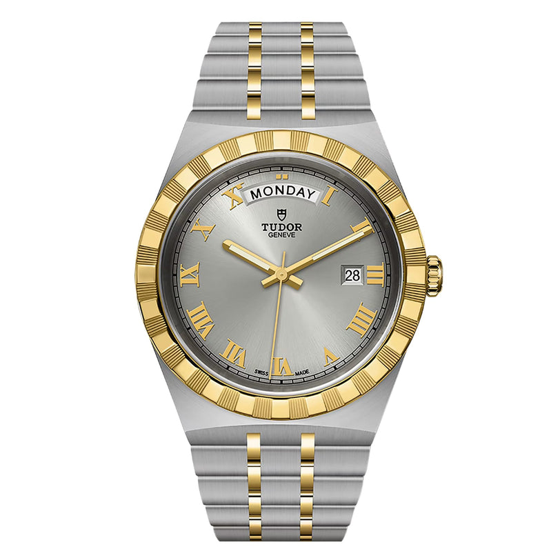 The TUDOR Royal is a wristwatch featuring a silver and gold band, gold Roman numerals, day display at 12 o’clock, date window at 3 o’clock on a silver dial, and timeless design inspired by Rolex.