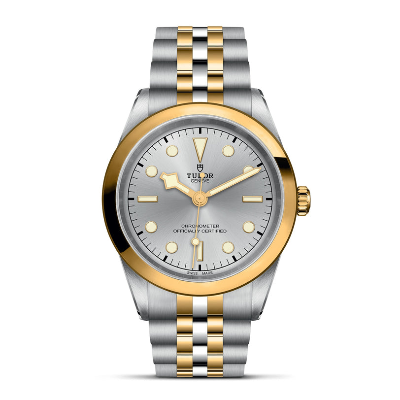 The TUDOR Black Bay One 41 S&G features a two-tone silver and gold bracelet, gold bezel, silver dial, and gold hour markers and hands, displayed against a white background.