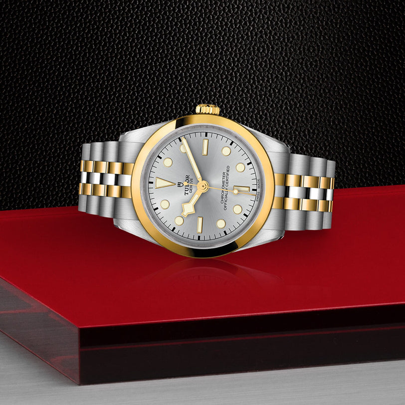 The TUDOR Black Bay One 36 S&G, a two-tone wristwatch with a silver face, gold bezel, and metal link strap, is displayed on a red surface against a textured black background.