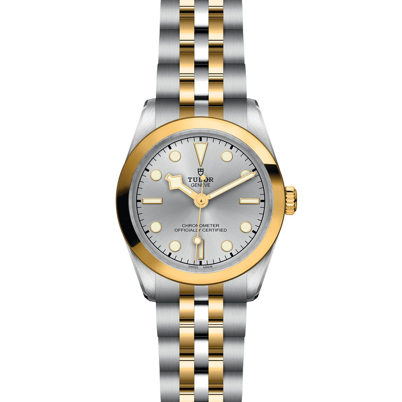 The TUDOR Black Bay One 31 S&G features a silver and gold bracelet, gold bezel, silver dial, and gold hour markers and hands, epitomizing the distinctive elegance of TUDOR wristwatches.