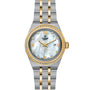 The TUDOR Royal is a two-tone wristwatch inspired by Black Bay, featuring a diamond bezel, mother-of-pearl dial, gold Roman numerals, date display, and a stainless steel and gold bracelet.