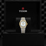 A TUDOR Royal wristwatch with a two-tone metal band, mother-of-pearl dial, and gold bezel is displayed in an open black TUDOR-branded box, highlighting the refined elegance of the Royal line.