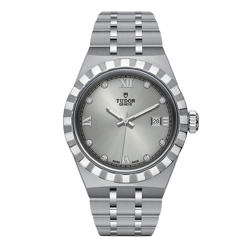 The TUDOR Royal wristwatch features a silver dial with Roman numerals, diamond hour markers, date at 3 o’clock, and a stainless steel and gold bracelet—an automatic sport-chic timepiece for discerning tastes.