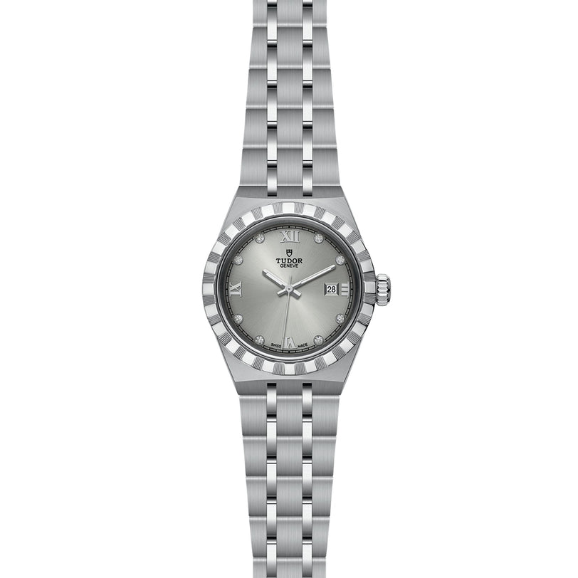 The TUDOR Royal wristwatch features a stainless steel and gold bracelet, fluted bezel, silver dial with Roman numerals and diamond markers, automatic movement, and a date window at 3 oclock for a sport-chic look.