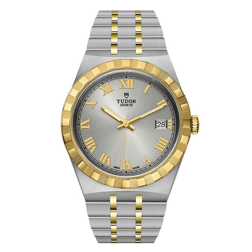 The TUDOR Royal is a two-tone automatic sport-chic watch featuring a silver and gold bracelet, silver dial, gold Roman numerals, date at 3 o’clock, and a gold fluted bezel—reflecting classic Rolex-inspired elegance.