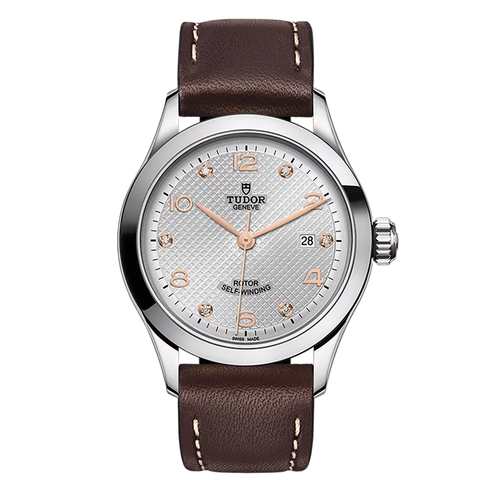 A silver TUDOR 1926 wristwatch with a textured dial, gold numerals, date display, and brown leather strap is shown on a white background.