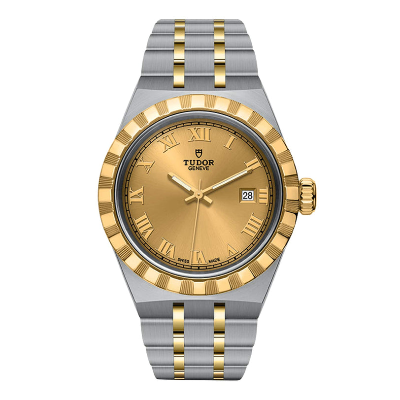 The TUDOR Royal features a gold dial with Roman numerals, a date window, and a two-tone stainless steel and gold bracelet—showcasing the sport-chic style of TUDOR’s automatic watches.