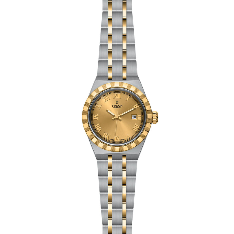 The TUDOR Royal is a gold and silver wristwatch featuring a gold dial, date display, and a two-tone metal bracelet.