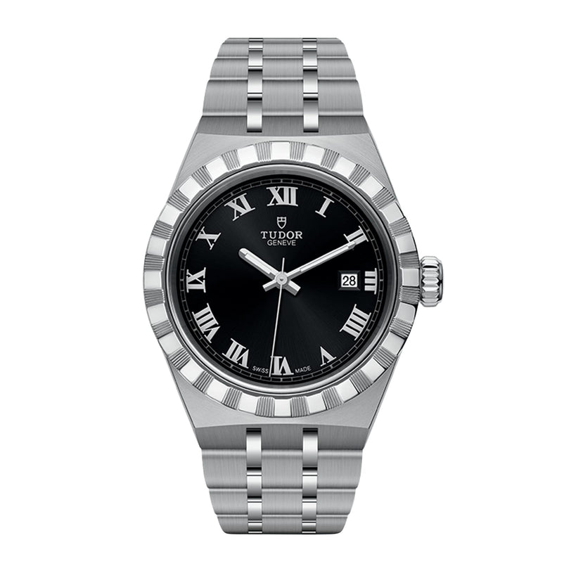 The TUDOR Royal is a stainless steel automatic watch with a black dial, Roman numerals, date at 3 o’clock, and a brushed metal bracelet—offering an elegant sport-chic style.