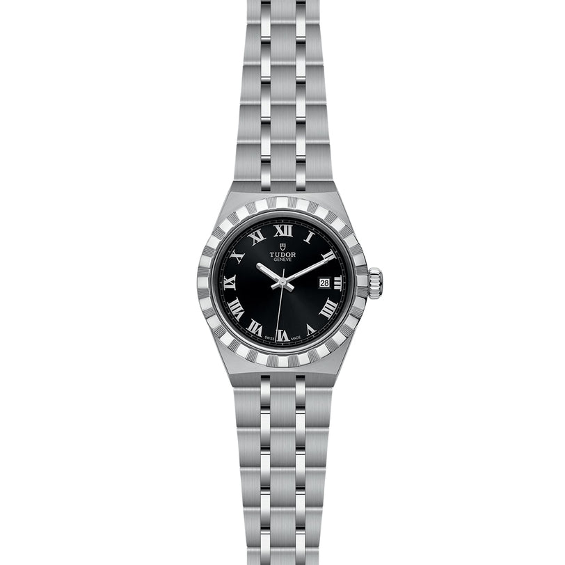 The TUDOR Royal is a stainless steel and gold wristwatch featuring a black dial, Roman numeral hour markers, and a five-link bracelet—an iconic automatic sport-chic timepiece.