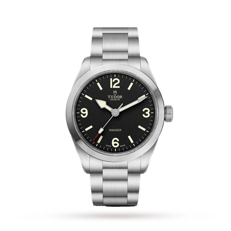 The TUDOR Ranger features a stainless steel case, black dial with Super Luminova hands and markers, a metal bracelet, and is powered by the MT5402 movement, shown here on a white background.